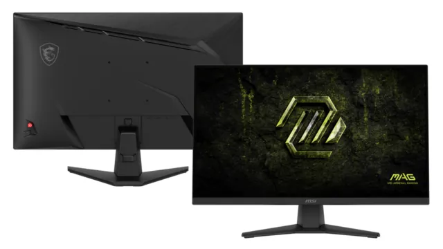 MAG 272F X24の正面と背面。低い固定式スタンドと背面形状を確認できるMSI公式製品画像。