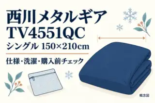 西川メタルギアTV4551QCシングル150×210cmの仕様・洗濯・購入前チェックを示す概念図