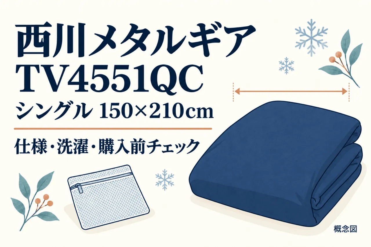 西川メタルギアTV4551QCシングル150×210cmの仕様・洗濯・購入前チェックを示す概念図