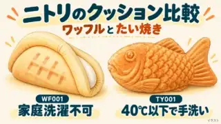 ニトリのワッフルWF001とたい焼きTY001クッションのイラスト比較。WF001は家庭洗濯不可、TY001は40℃以下で手洗い。