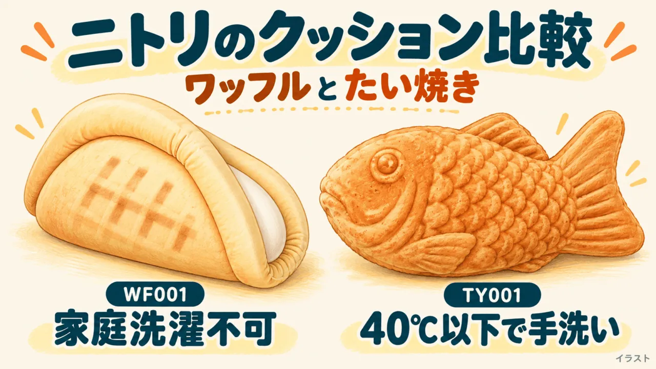ニトリのワッフルWF001とたい焼きTY001クッションのイラスト比較。WF001は家庭洗濯不可、TY001は40℃以下で手洗い。