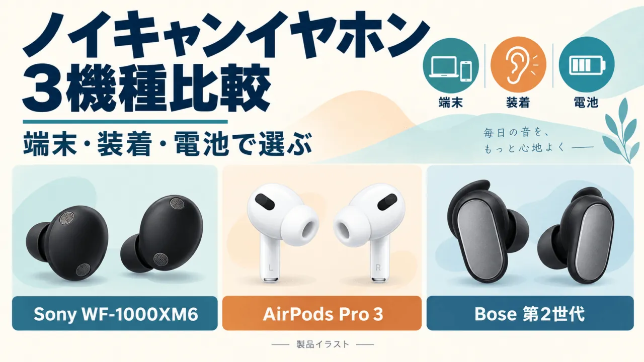 ノイキャンイヤホン3機種比較。Sony WF-1000XM6、AirPods Pro 3、Bose第2世代を端末・装着・電池で選ぶための製品イラスト。