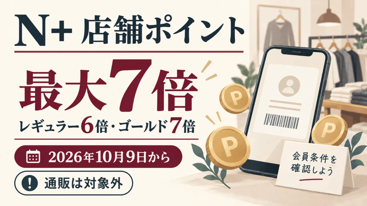N+店舗ポイント最大7倍。レギュラー6倍、ゴールド7倍。2026年10月9日から、通販は対象外。