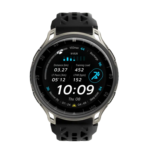 Amazfit Cheetah 2 Proの正面。チタン色のケースと黒いバンド
