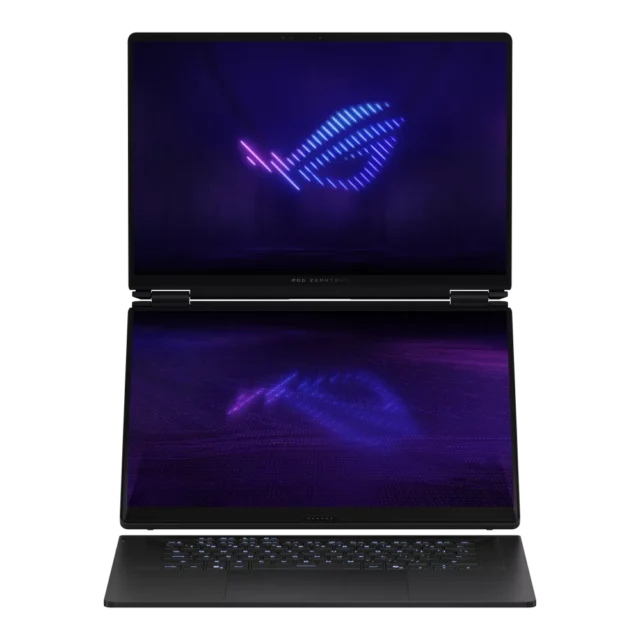 ROG Zephyrus Duo GX651AXの上下2枚の16型画面と分離したキーボード