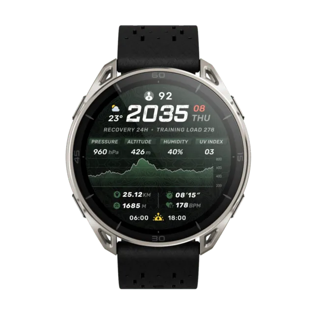 Amazfit Cheetah 2 Ultraの正面。チタン色のケースと黒いバンド