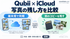 QubiiとiCloudの写真の残し方を比較。端末間で同期、別のコピーを残す、料金・削除・併用の選び方を示す概念図。