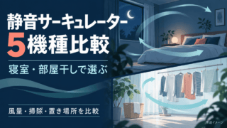 静音サーキュレーター5機種比較。寝室と部屋干しで風を使う用途のイメージ図。