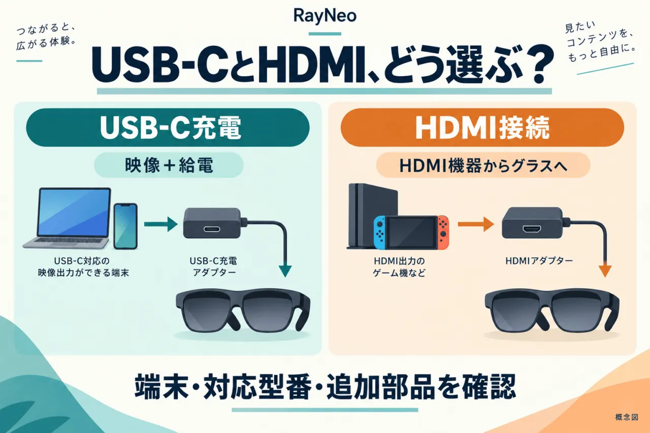 RayNeoのUSB-C充電とHDMI接続の概念図。映像出力できるUSB-C端末の給電と、HDMI機器からグラスへつなぐ用途を比較。