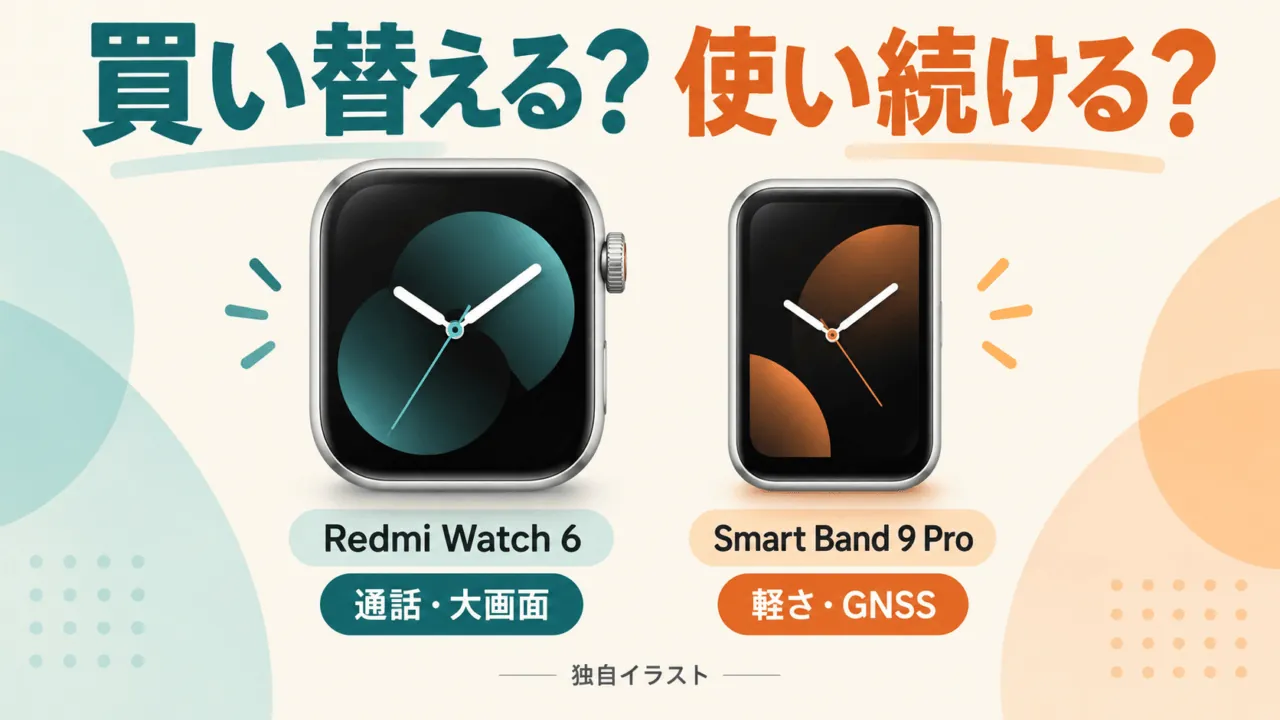 Redmi Watch 6とSmart Band 9 Proの買い替え比較。通話・大画面と軽さ・GNSSを示した独自イラスト。