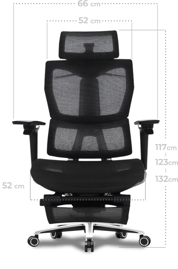 ALGO Chair Proの正面寸法図(幅66cm・高さ117〜132cm。ALGO公式ストア)