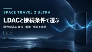 SPACE TRAVEL 2 ULTRAをLDAC・接続条件、同色新品の価格・電池・保証から選ぶ記事の概念図