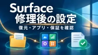 Surface修理後の設定。保存済みデータの復元、アプリの再導入、保証の確認を表す概念イラスト。