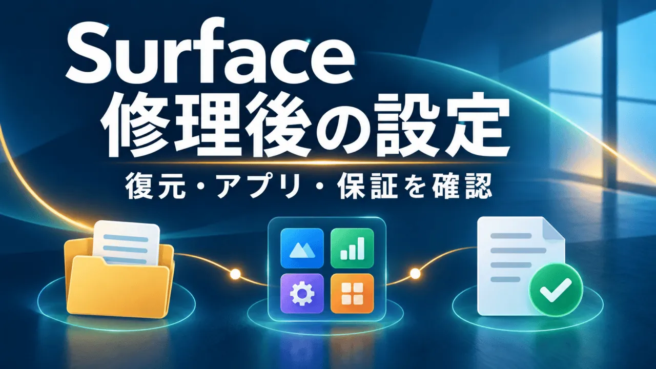 Surface修理後の設定。保存済みデータの復元、アプリの再導入、保証の確認を表す概念イラスト。