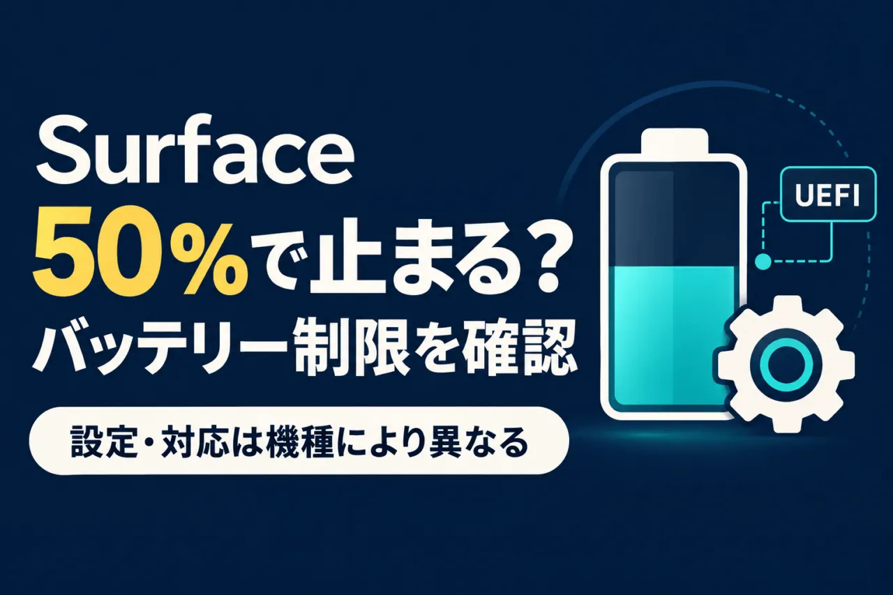 Surfaceの50％バッテリー制限を確認する概念図。設定・対応は機種により異なる。