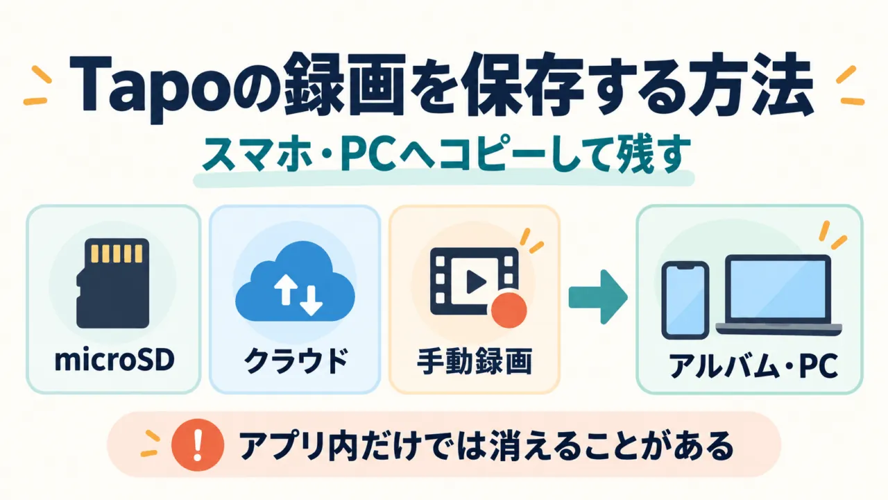 Tapoの録画を保存する方法。microSD・クラウド・手動録画からスマホのアルバムとPCへコピーして残す概念図