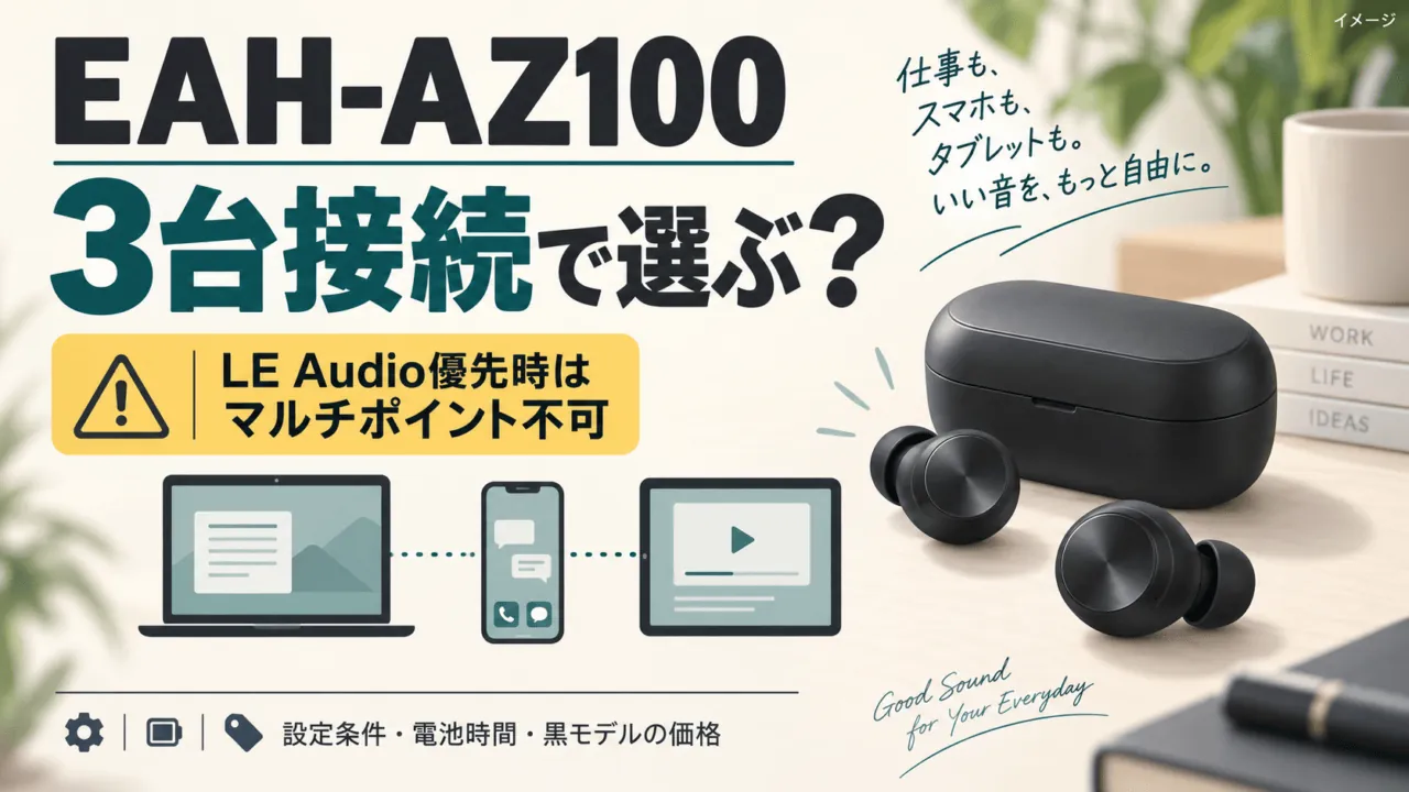 EAH-AZ100の3台接続購入ガイド。LE Audio優先時はマルチポイント不可。イヤホンとケースはイメージ図。