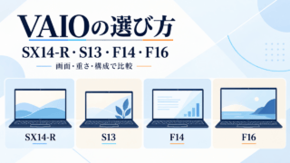 VAIO SX14-R・S13・F14・F16を画面・重さ・構成で比較する選び方。4台のノートPCは概念イラストです。