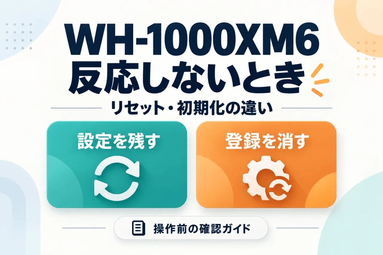 WH-1000XM6が反応しないときの確認ガイド。設定を残すリセットと登録を消す初期化の違いを示す図解。