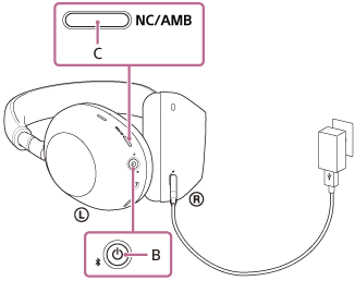WH-1000XM6の給電中のリセット図。Bは電源ボタン、CはNC/AMBボタン。