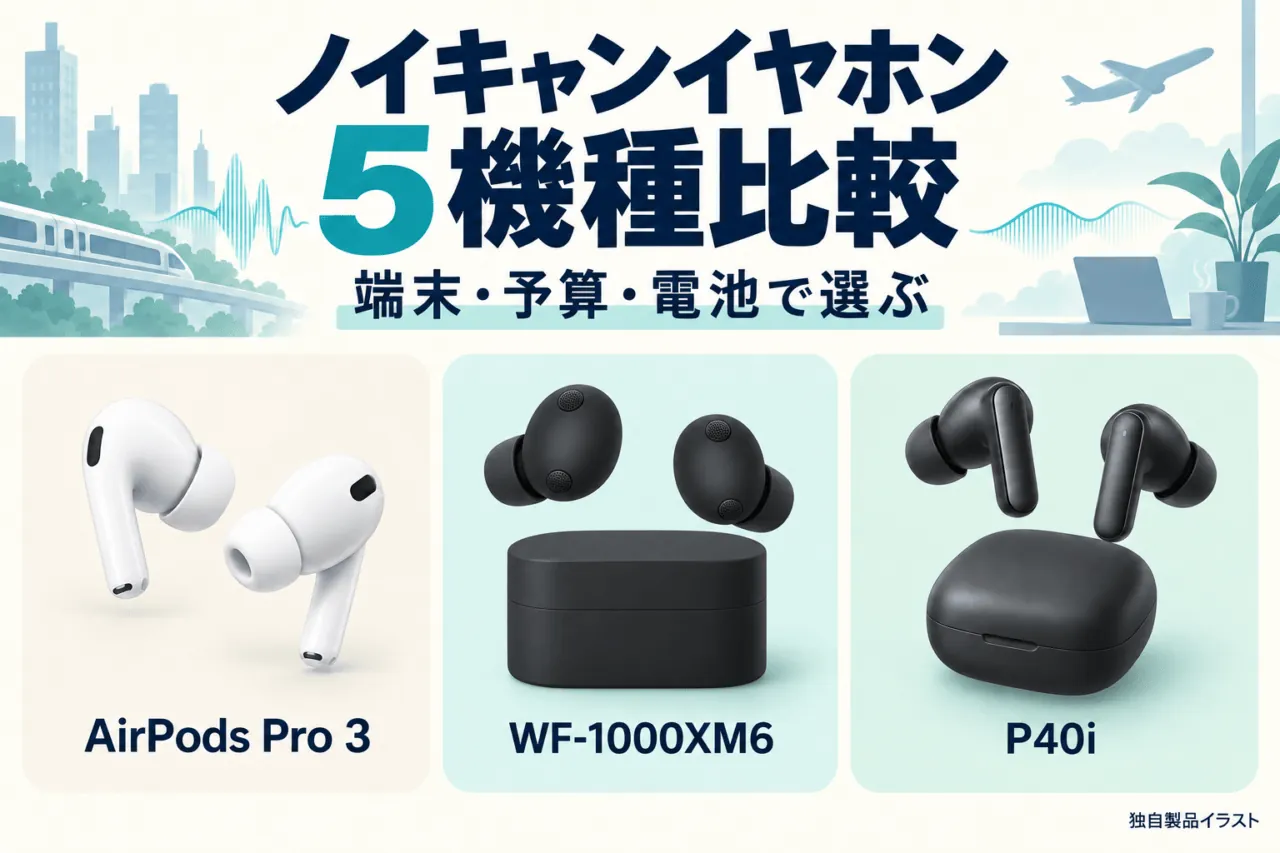 ノイキャンイヤホン5機種比較。端末・予算・電池で選ぶ主題と、AirPods Pro 3、WF-1000XM6、P40iの代表3製品の独自イラスト。