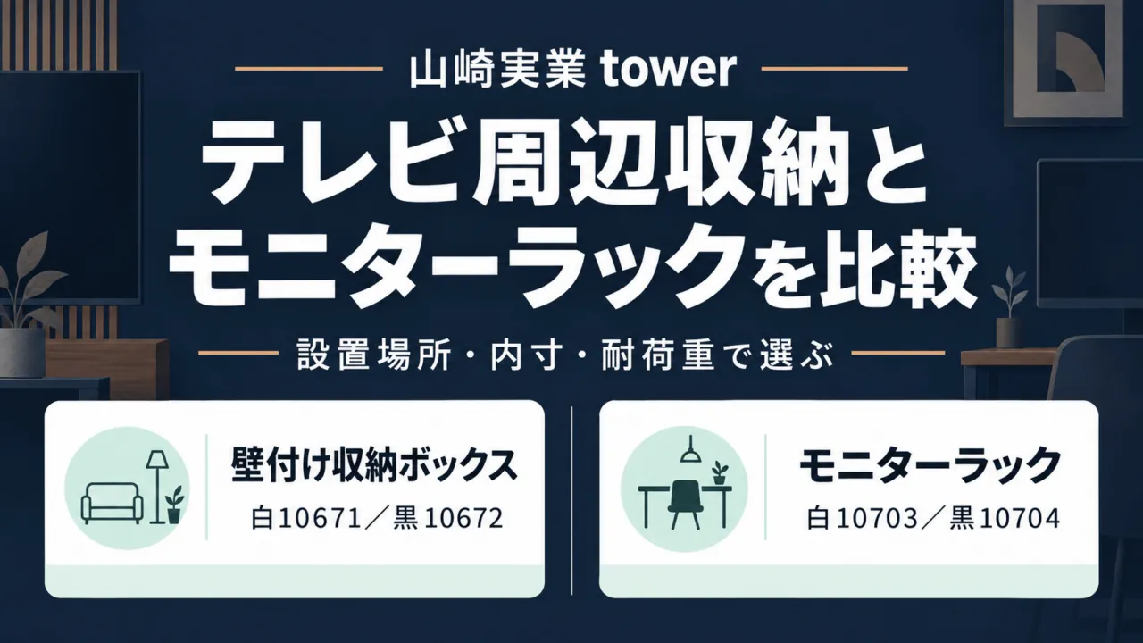 山崎実業towerの壁付け収納ボックス白10671・黒10672とモニターラック白10703・黒10704。設置場所・内寸・耐荷重で選ぶ説明画像