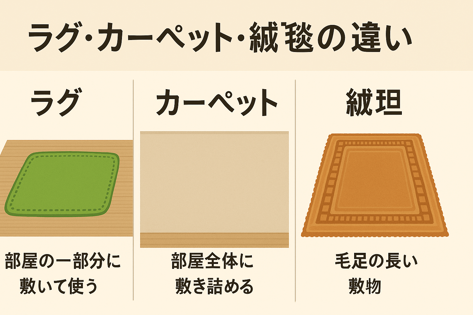 ラグ・カーペット・絨毯の違いは?
